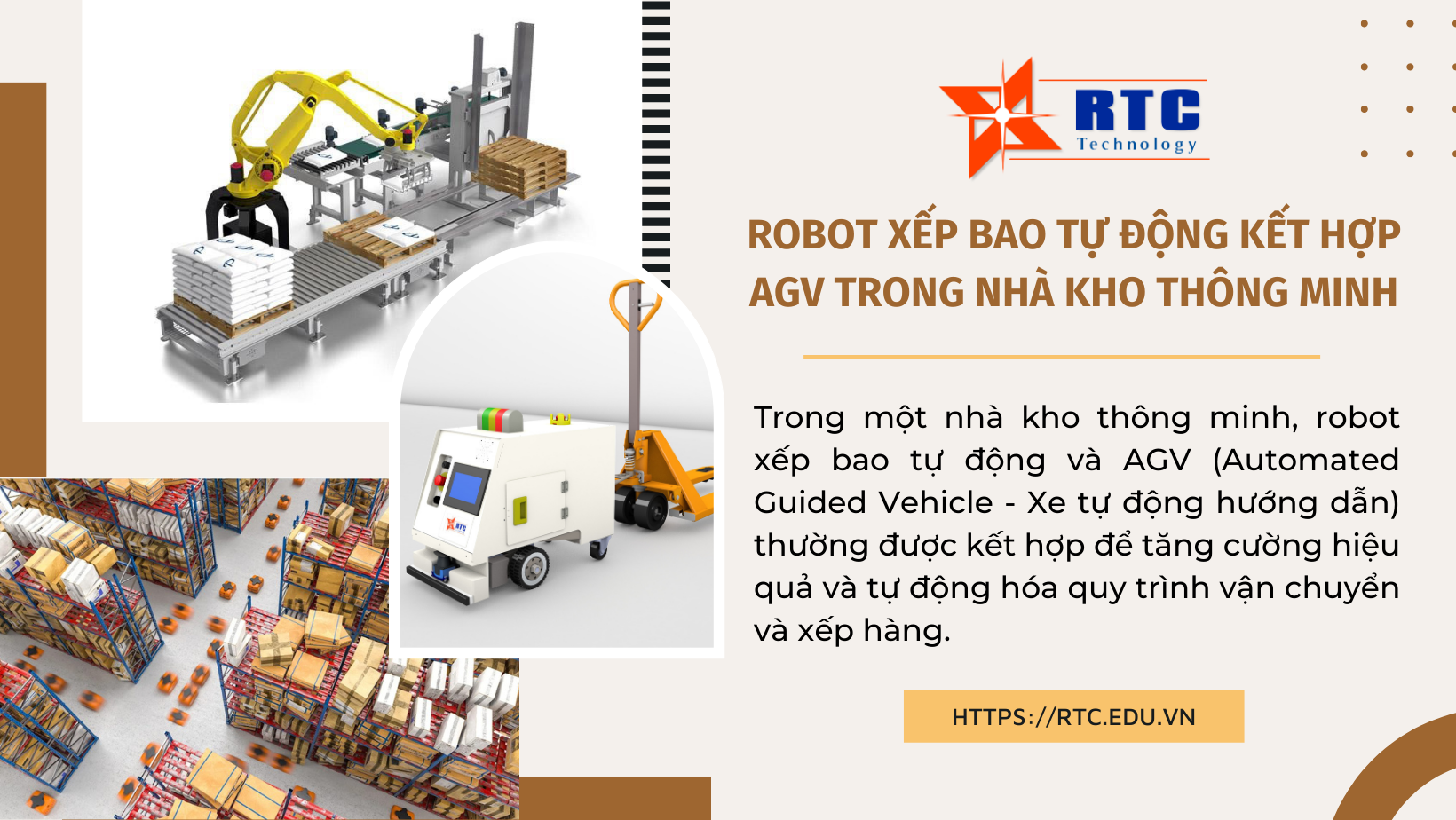 Robot xếp bao tự động kết hợp với AGV trong nhà kho thông minh